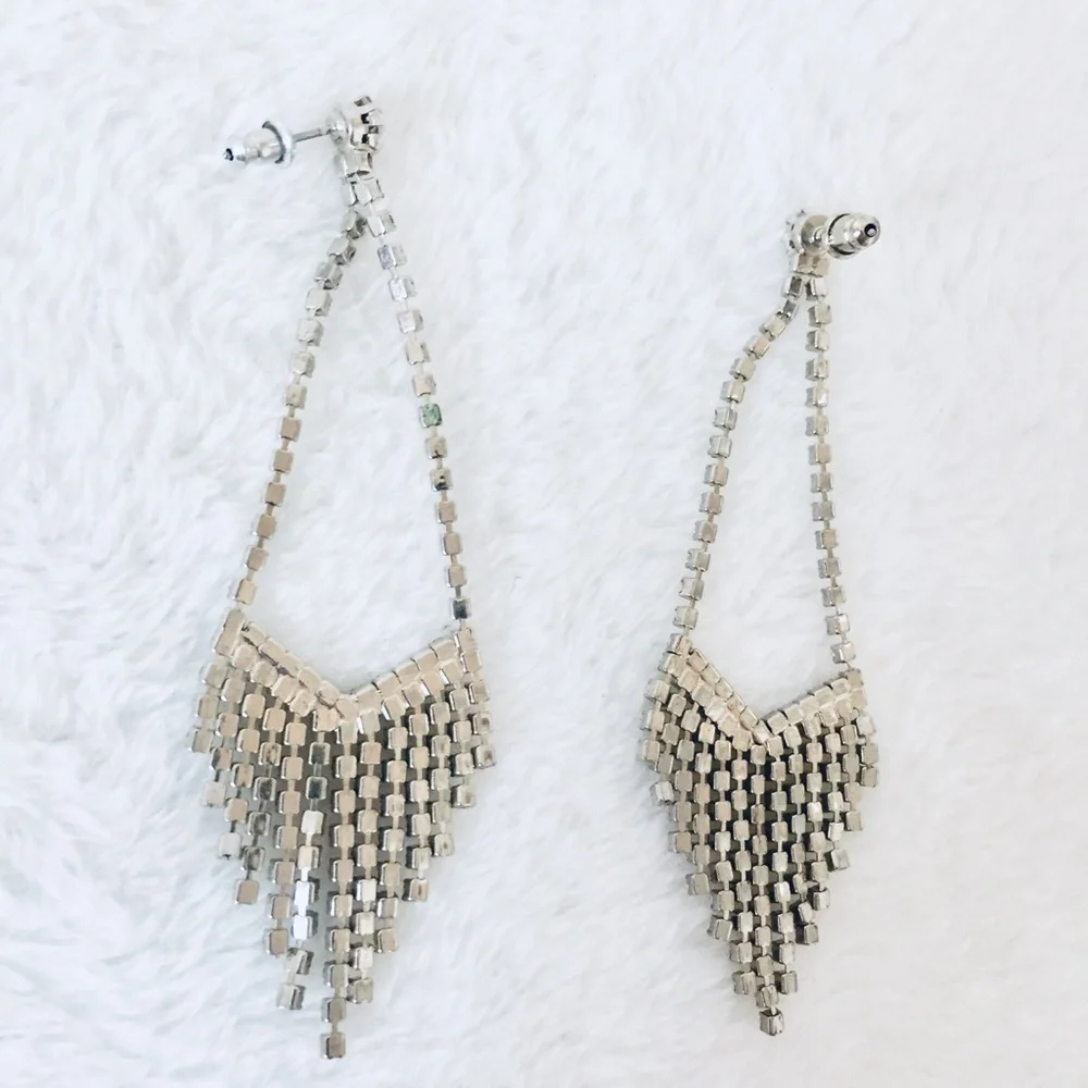 Silver Tone Post Pierced Earrings Clear Sparkling